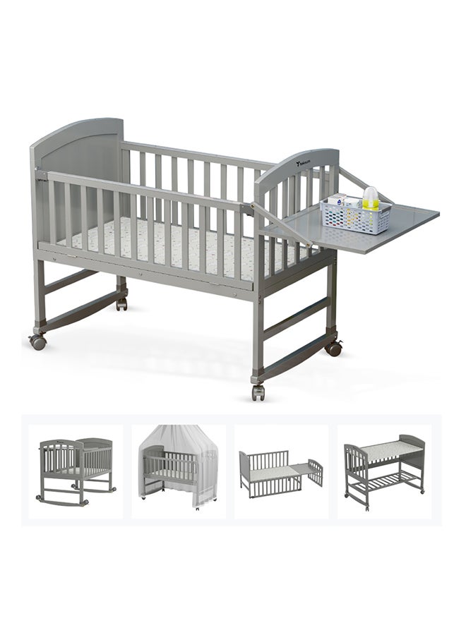 7 In 1 Convertible Kids Bed And Bedside Crib With Mattress, Mosquito Net And Detachable Wheels (0-12Yrs) - Grey