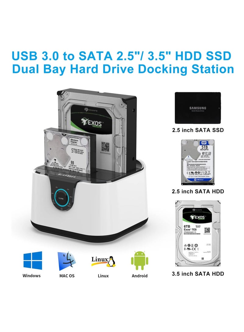 Hard Drive Enclosure, USB 3.0 to SATA III Mini Dual Bay External Hard Drive Docking Station, Aluminum Hard Drive Docking Station, for 2.5/3.5 inch HDD SSD, Support Offline Clone, Hot Pluggable, UASP