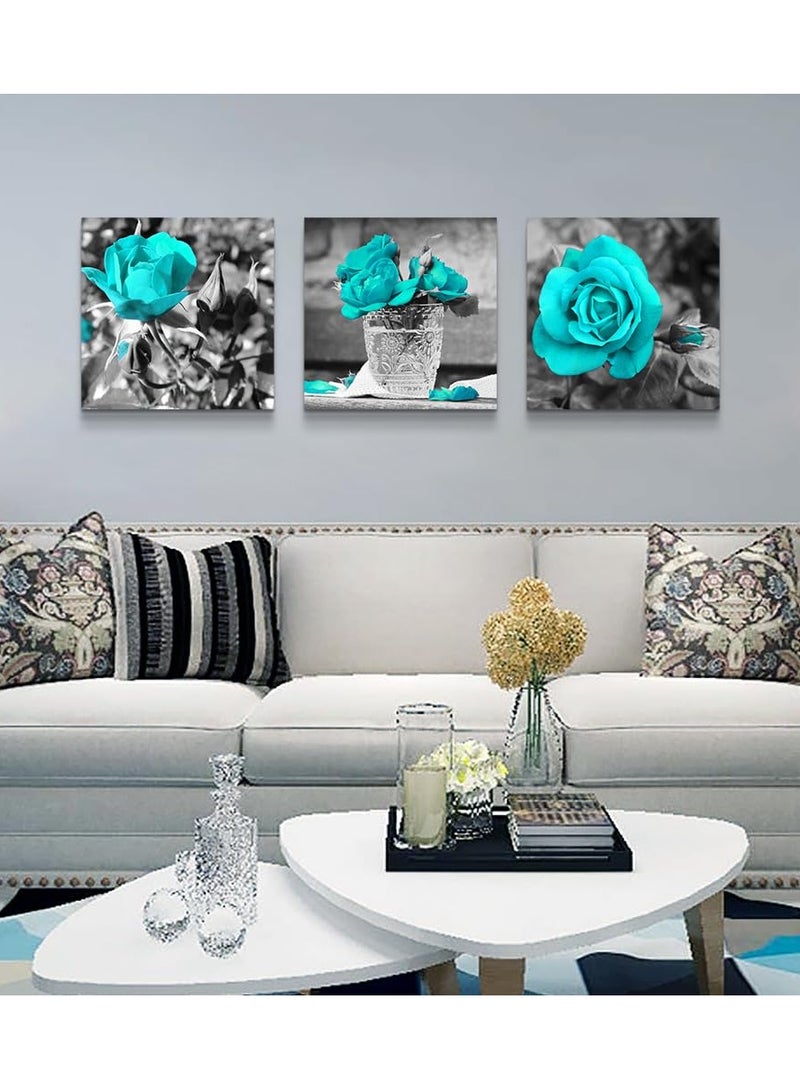 Blue Rose Canvas Wall Art For Bedroom, Canvas Wall Pictures Artwork Minimalist Home Decor, Flowers Wall Decorations For Living Room Boho Wall Decor (3 Pcs, 30x30 cm)