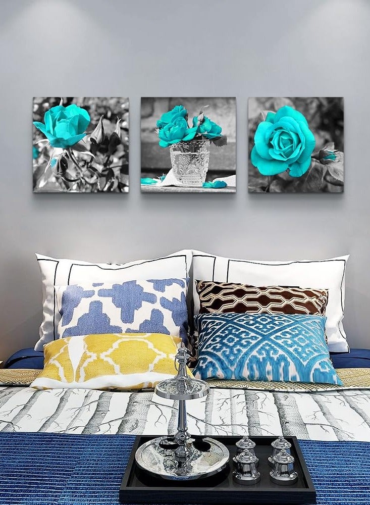 Blue Rose Canvas Wall Art For Bedroom, Canvas Wall Pictures Artwork Minimalist Home Decor, Flowers Wall Decorations For Living Room Boho Wall Decor (3 Pcs, 30x30 cm)