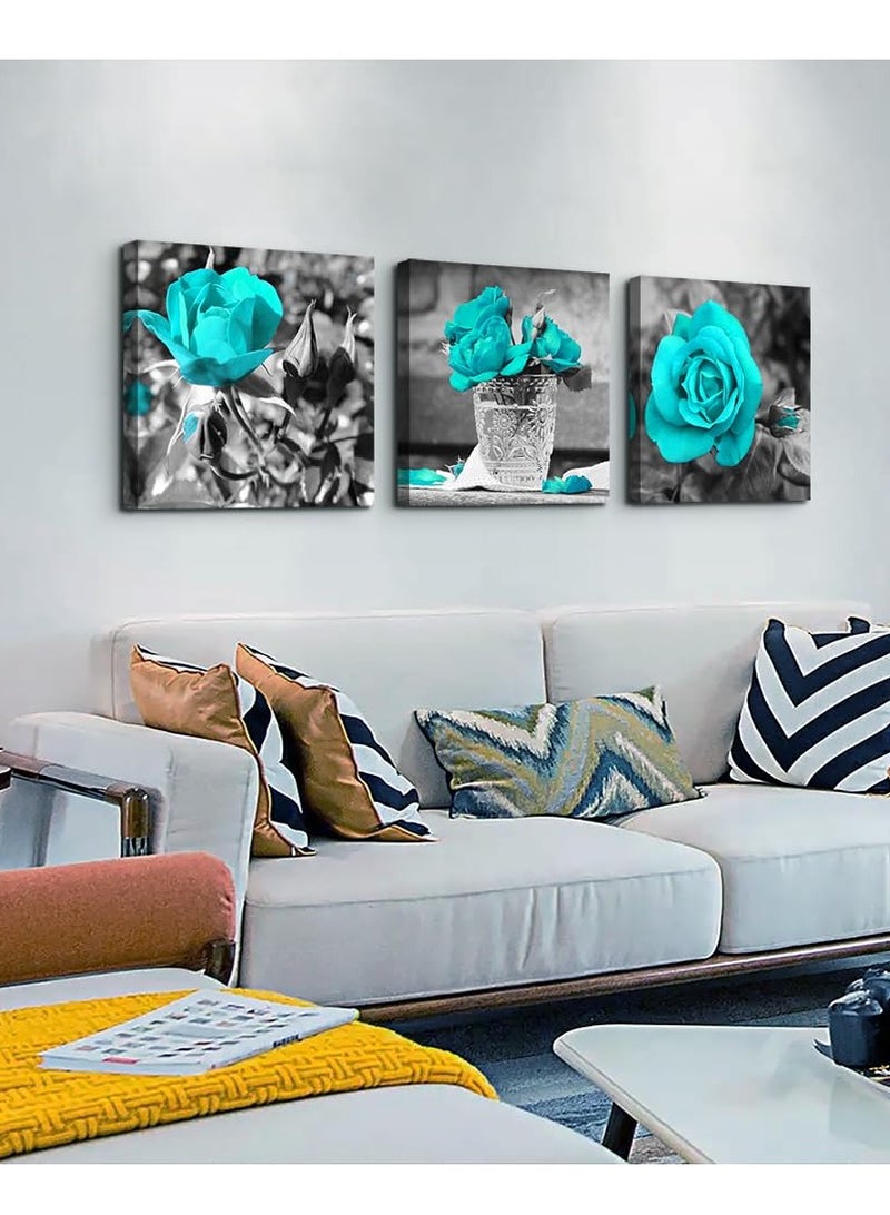 Blue Rose Canvas Wall Art For Bedroom, Canvas Wall Pictures Artwork Minimalist Home Decor, Flowers Wall Decorations For Living Room Boho Wall Decor (3 Pcs, 30x30 cm)