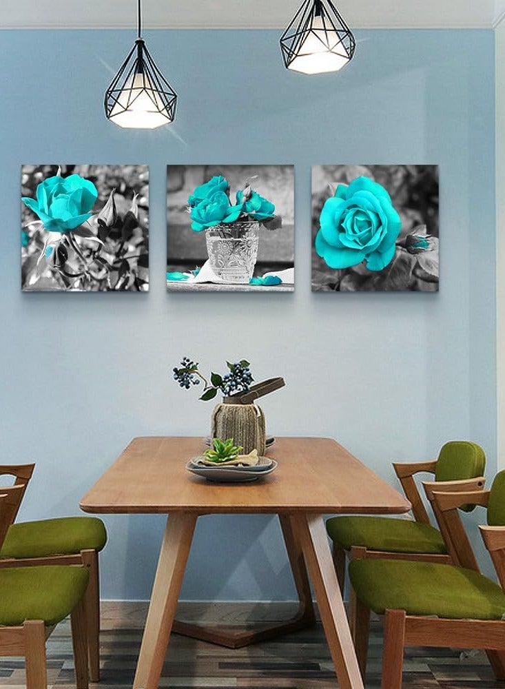 Blue Rose Canvas Wall Art For Bedroom, Canvas Wall Pictures Artwork Minimalist Home Decor, Flowers Wall Decorations For Living Room Boho Wall Decor (3 Pcs, 30x30 cm)