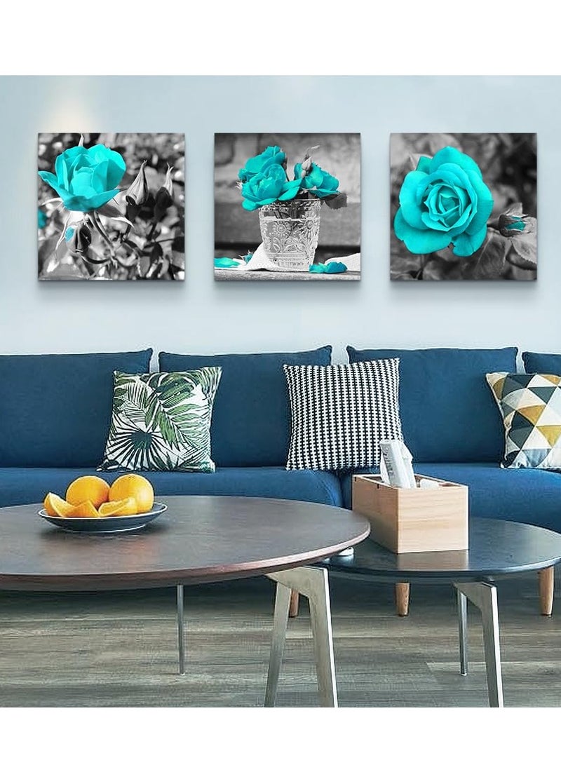 Blue Rose Canvas Wall Art For Bedroom, Canvas Wall Pictures Artwork Minimalist Home Decor, Flowers Wall Decorations For Living Room Boho Wall Decor (3 Pcs, 30x30 cm)