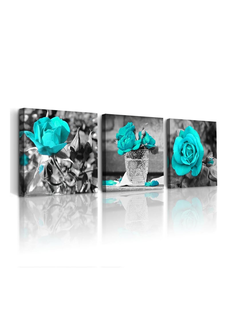 Blue Rose Canvas Wall Art For Bedroom, Canvas Wall Pictures Artwork Minimalist Home Decor, Flowers Wall Decorations For Living Room Boho Wall Decor (3 Pcs, 30x30 cm)