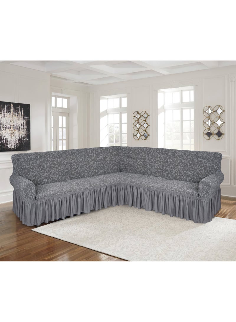 Stretch Fit L Shape Sofa Cover 6 Seater Slip Cover Jacquard Fabric Corner Sofa Cover for Large Sofa Free Size Fits on Different Models of Sofa 4 to 6 Meter Length with any Side Corner Grey