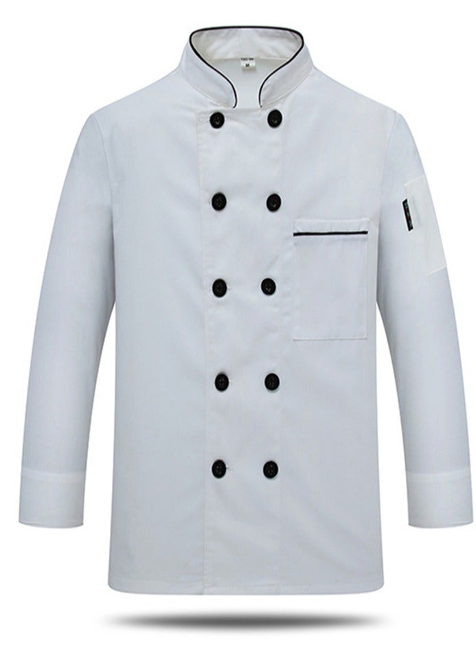 Long Sleeve Double-Breasted Stand Collar Chef Uniform Waiter T-shirt White