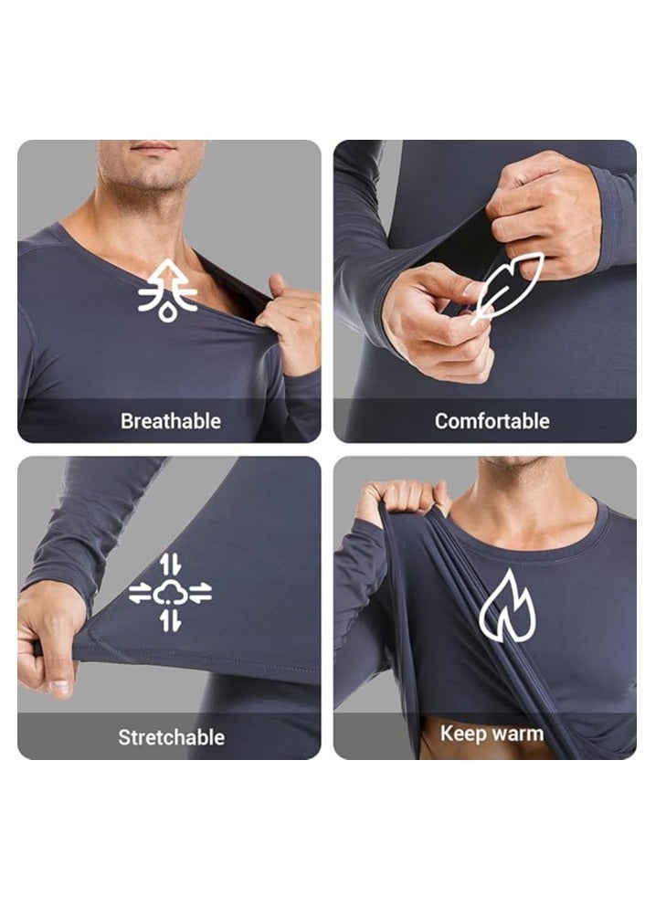 Men's Thermal Underwear Sets Top & Long Johns Fleece Sweat Quick Drying Thermo Base Layer-Gray