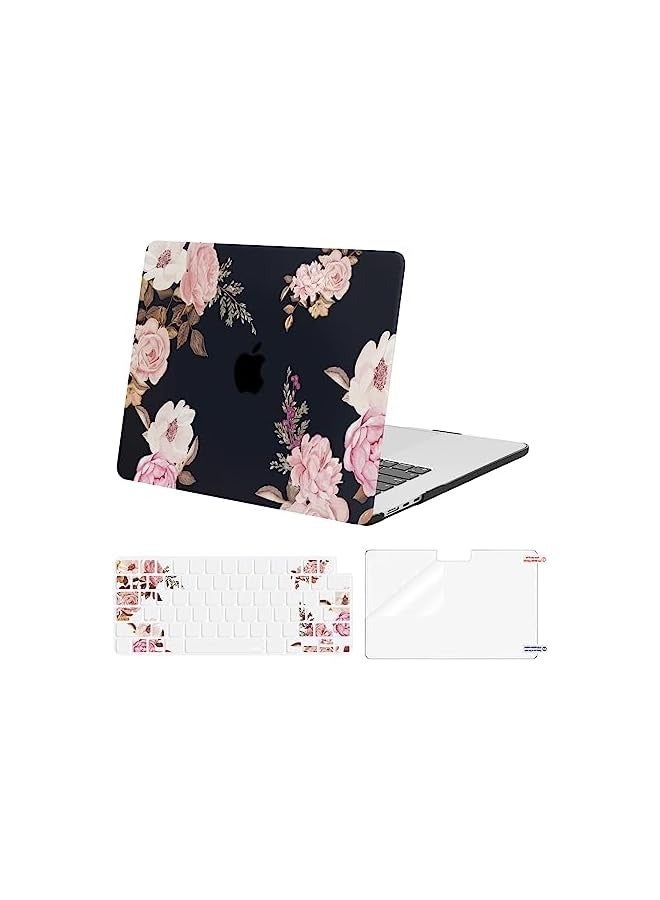 Compatible with MacBook Air 15 inch Case 2024 2023 2022 M3 A3114 A2941 M2 Chip with Touch ID, Plastic Peony Hard Shell Case & Keyboard Cover Skin & Screen Protector, Black