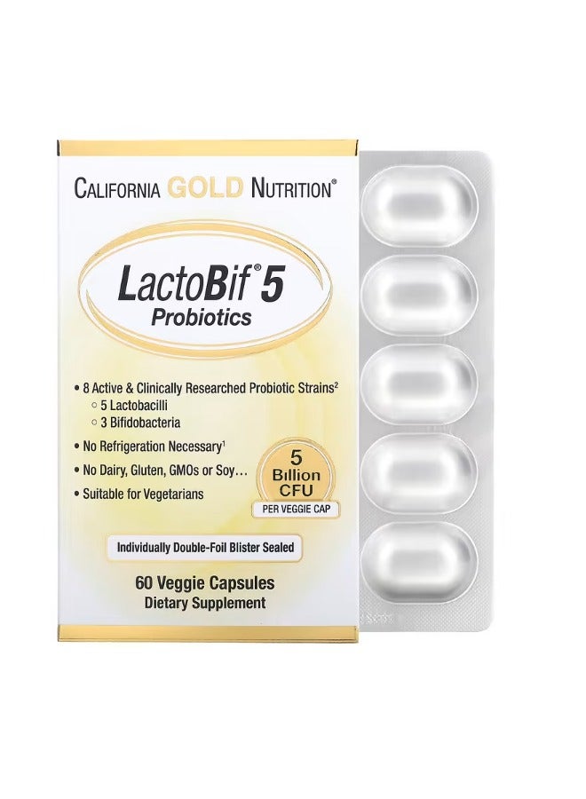 Lactobif 5 Probiotics 8 Active And Clinically Researched Strains, 60 Veggie Capsules