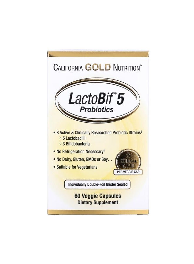 Lactobif 5 Probiotics 8 Active And Clinically Researched Strains, 60 Veggie Capsules