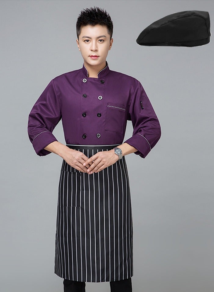 Chef Uniform Apron Suit Long Sleeves with a Hat Suitable For Hotel Western Restaurant Purple