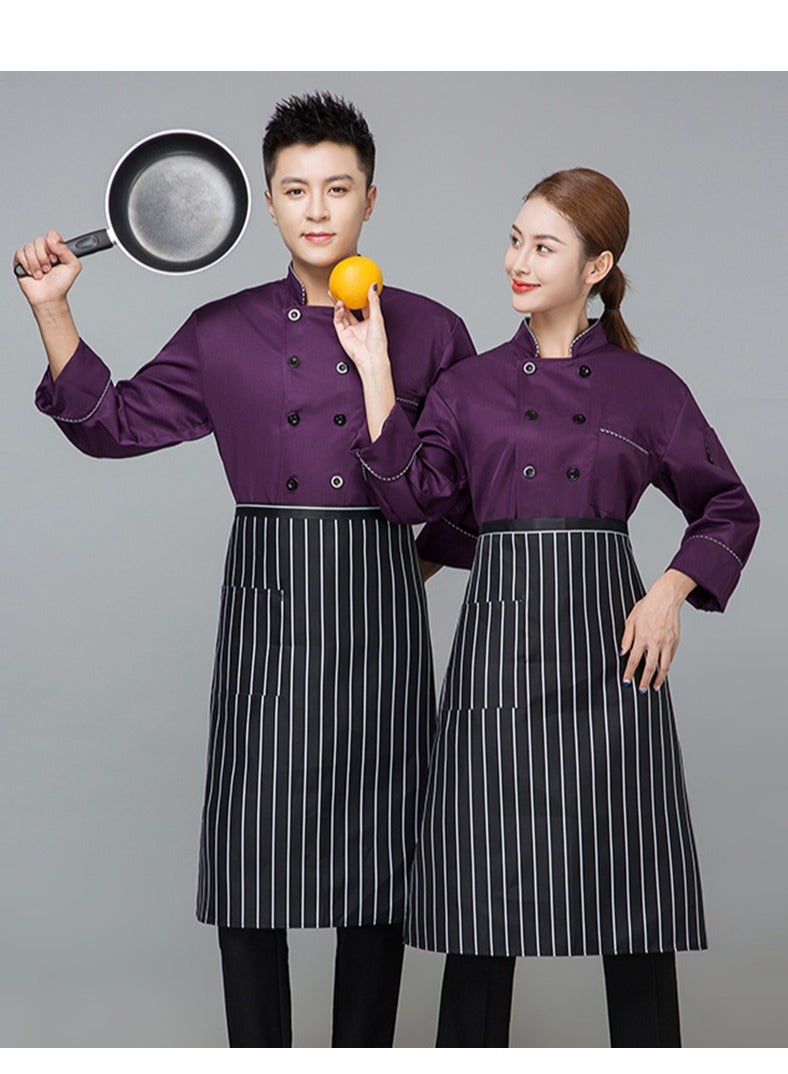 Chef Uniform Apron Suit Long Sleeves with a Hat Suitable For Hotel Western Restaurant Purple