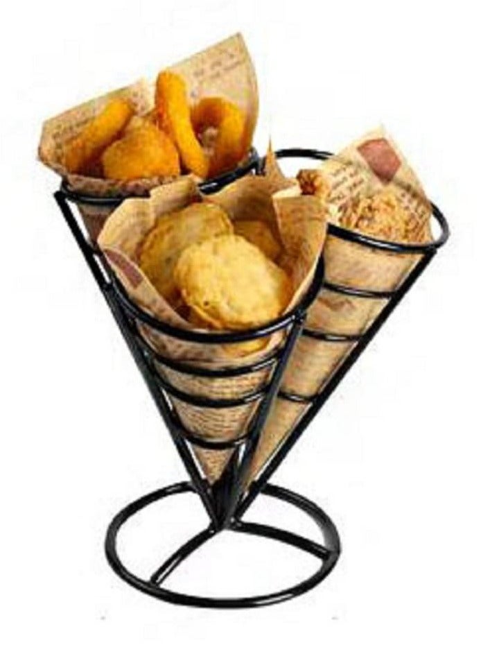 1 Holds 3 Cones Cone Holder Stand French Fries Stand Cone Basket Fry Holder Metal Cone Snack Fried Chicken Display Rack Wire Stands for Kitchen Restaurant Party Supplies