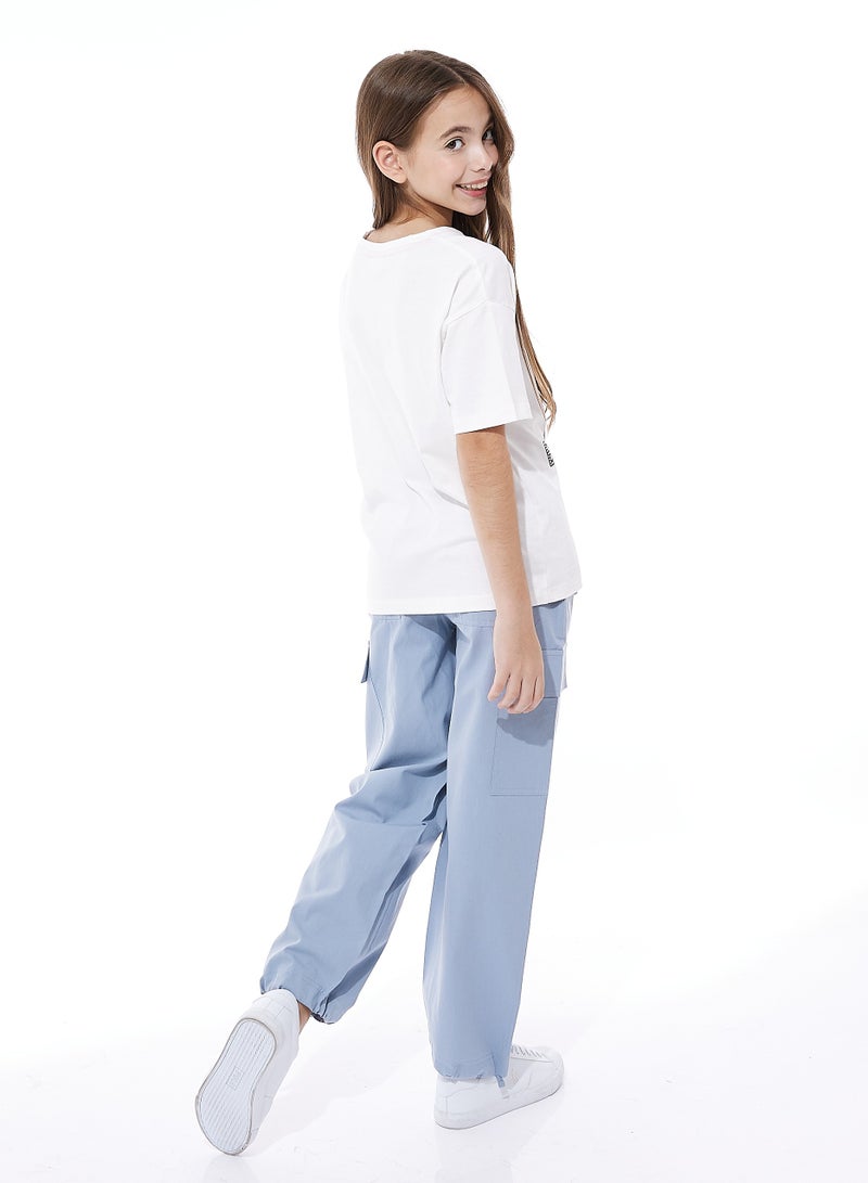 Girls' Two-Piece T-Shirt and Cargo Pants Outfit (Offwhite/Blue, 6-12 YRS)