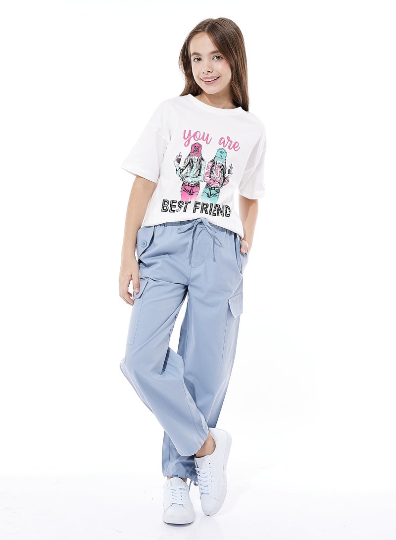 Girls' Two-Piece T-Shirt and Cargo Pants Outfit (Offwhite/Blue, 6-12 YRS)