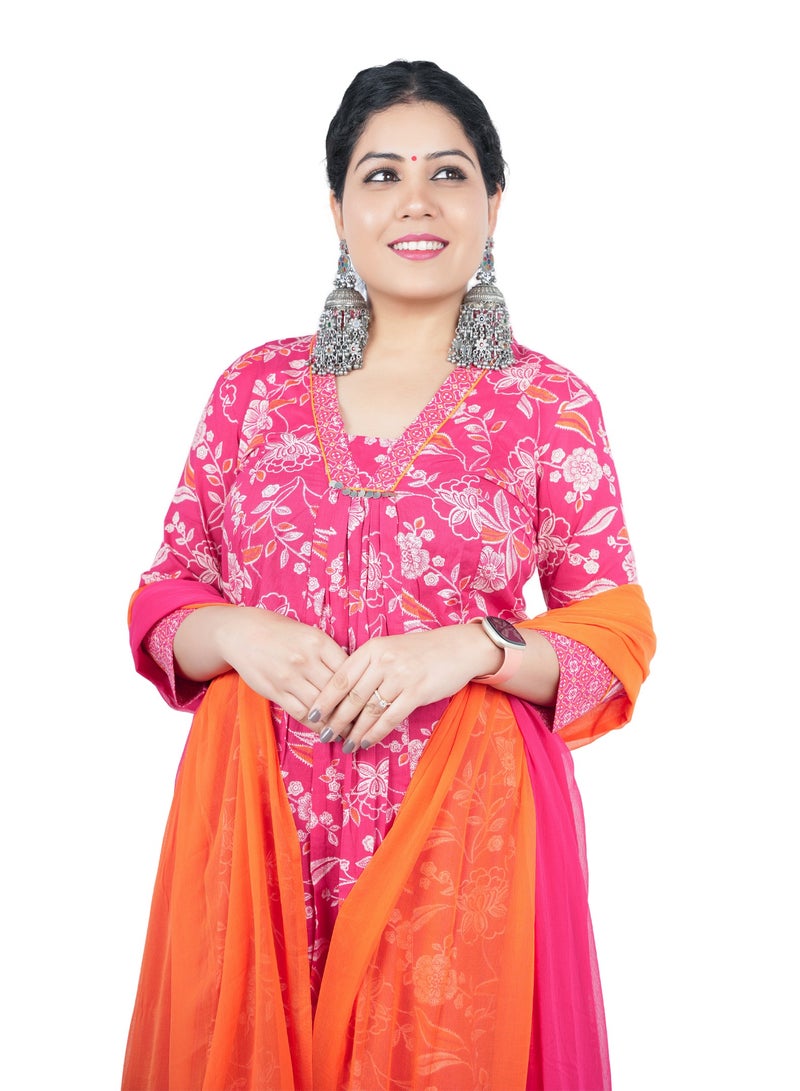 Cotton Kurta with Plazzo Pants Set with Chiffon Dupatta | Indian Dress for Women | Traditional Dress Salwar Kameez Kurti Pant Dupatta Set | Ready to Wear Ethnic Kurta Set