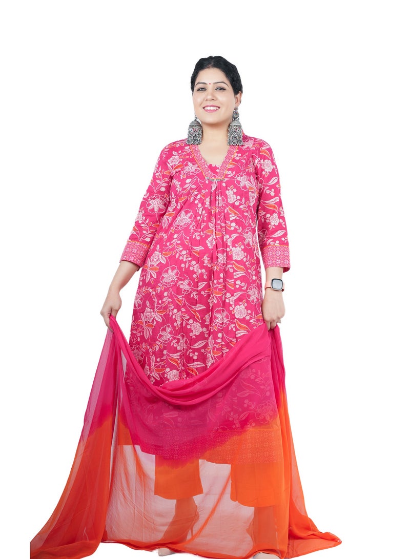 Cotton Kurta with Plazzo Pants Set with Chiffon Dupatta | Indian Dress for Women | Traditional Dress Salwar Kameez Kurti Pant Dupatta Set | Ready to Wear Ethnic Kurta Set