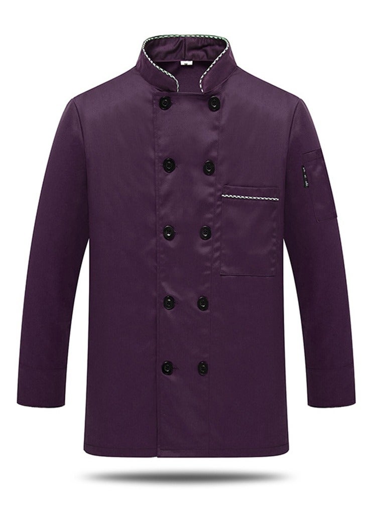 Long Sleeve Double-Breasted Stand Collar Chef Uniform Waiter T-shirt Purple