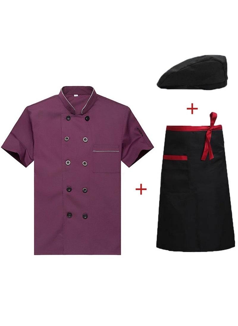 Chef Uniform Apron Suit Short Sleeves with a Hat Suitable For Hotel Western Restaurant Pruple