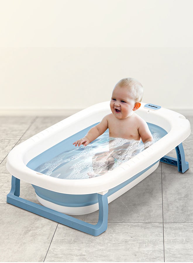 Foldable Baby Bath Tub With Anti-Skid Base, Temperature Sensing Water Plug And Wall Mountable Bathtub For Baby 0-3 Years, Blue