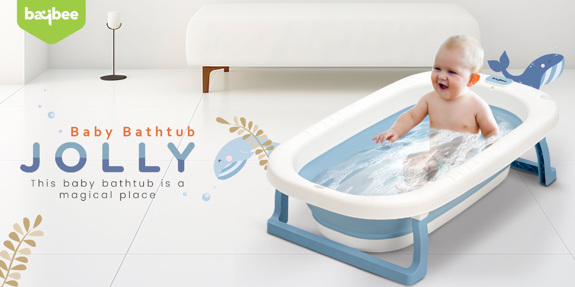 Foldable Baby Bath Tub With Anti-Skid Base, Temperature Sensing Water Plug And Wall Mountable Bathtub For Baby 0-3 Years, Blue