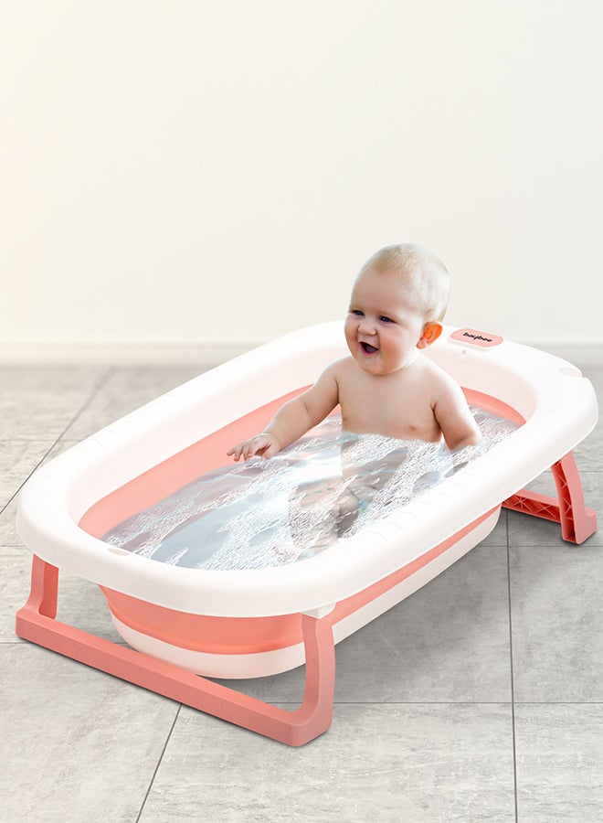 Foldable Baby Bath Tub With Anti-Skid Base, Temperature Sensing Water Plug And Wall Mountable Bathtub For Baby 0-3 Years, Pink