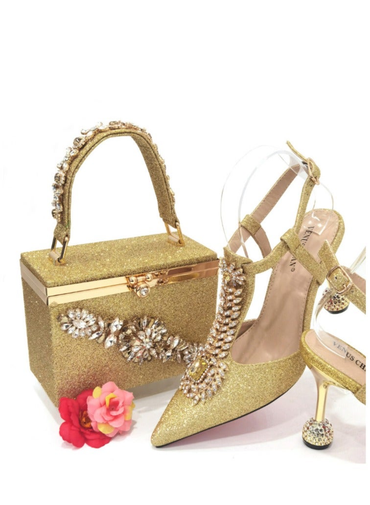 Fine Heeled Pointed Rhinestone High-Heeled Sandals 9cm+Square Rhinestone Handbag