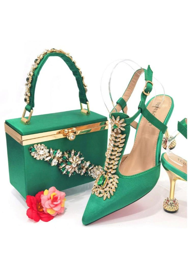 Fine Heeled Pointed Rhinestone High-Heeled Sandals 9cm+Square Rhinestone Handbag