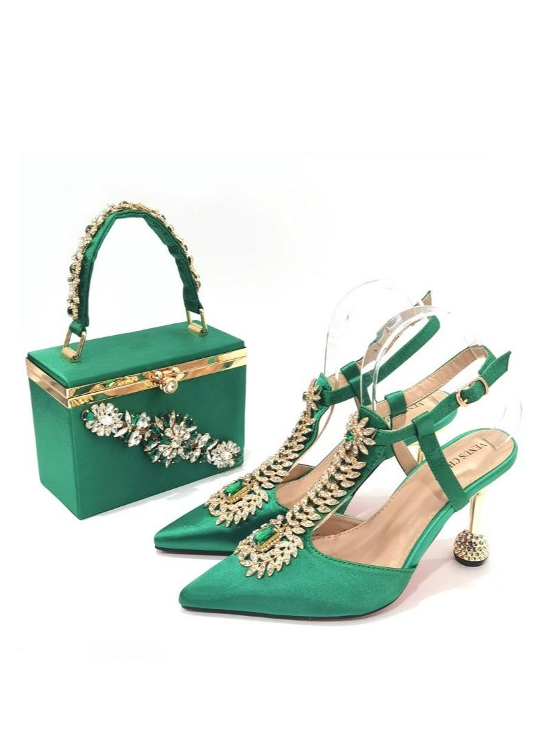 Fine Heeled Pointed Rhinestone High-Heeled Sandals 9cm+Square Rhinestone Handbag