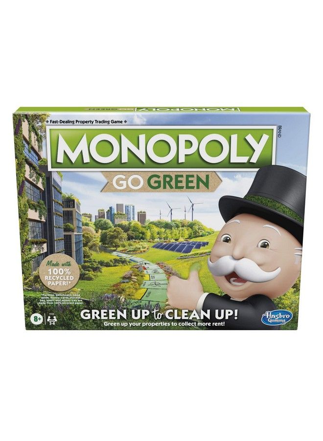 Monopoly: Go Green Edition Game Made With 100% Recycled Paper Parts And Plantbased Plastic Tokens, Board Game For Families Ages 8 And Up