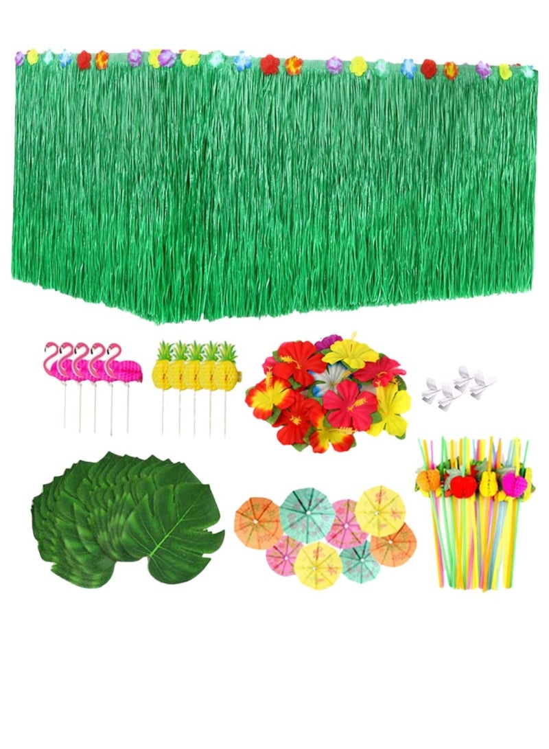 Tropical Luau Party Decoration Pack, Hawaiian Beach Theme Party Favors Luau Party Supplies (83 PCS), Including Green Hawaiian Table Skirt, Pineapple, Flamingo, Leaf, Flower, Small Umbrella, Straw