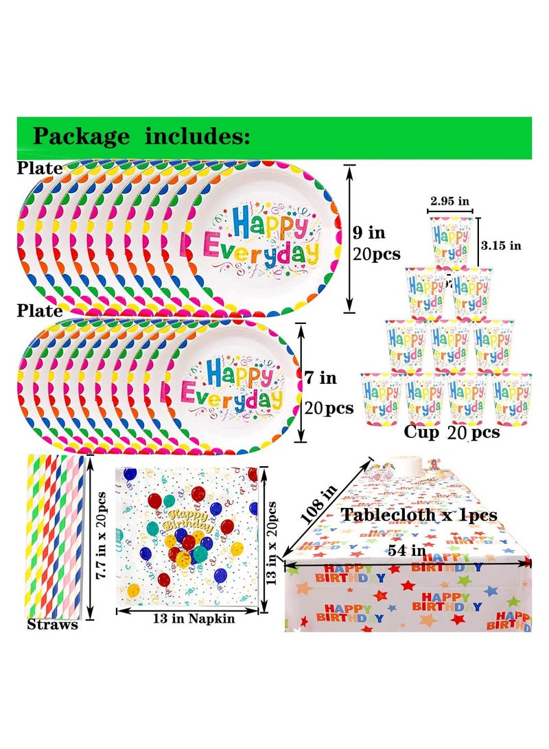 132 Pcs Birthday Party Tableware Set Party Paper Plates Cups Napkins Tablecloth Straws Birthday Party Supplies Decorations for 20 Guests