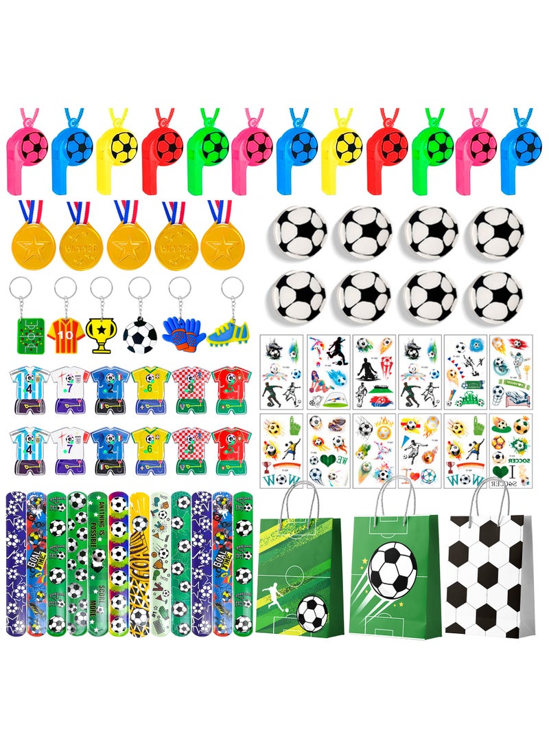 Soccer Favors,96pcs Soccer Party Favors for Kids Including Soccer Slap Bracelets Stickers Medals Keychains Bags Whistle Maza Toys etc Soccer Birthday Party Favors for Soccer Party Decorations Supplies