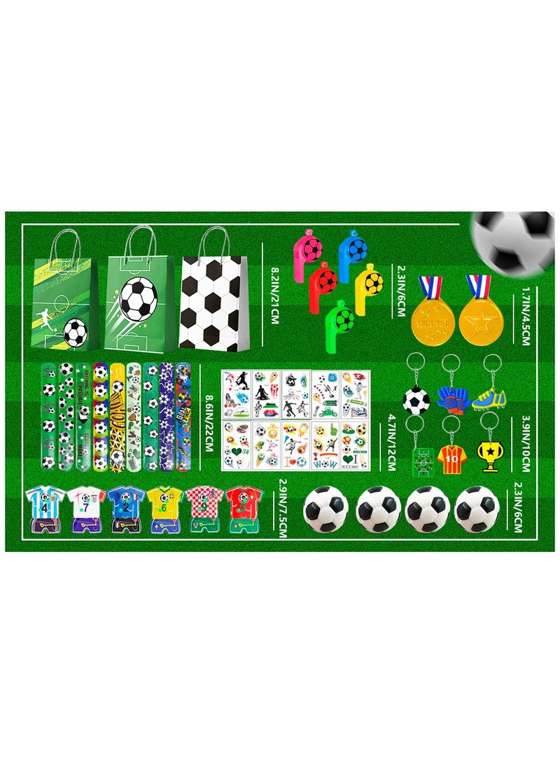 Soccer Favors,96pcs Soccer Party Favors for Kids Including Soccer Slap Bracelets Stickers Medals Keychains Bags Whistle Maza Toys etc Soccer Birthday Party Favors for Soccer Party Decorations Supplies