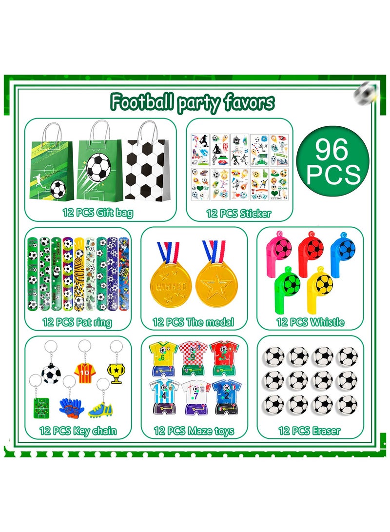 Soccer Favors,96pcs Soccer Party Favors for Kids Including Soccer Slap Bracelets Stickers Medals Keychains Bags Whistle Maza Toys etc Soccer Birthday Party Favors for Soccer Party Decorations Supplies