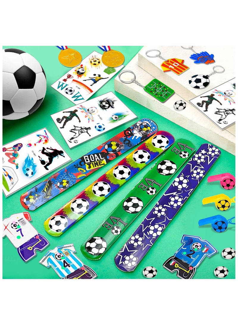 Soccer Favors,96pcs Soccer Party Favors for Kids Including Soccer Slap Bracelets Stickers Medals Keychains Bags Whistle Maza Toys etc Soccer Birthday Party Favors for Soccer Party Decorations Supplies