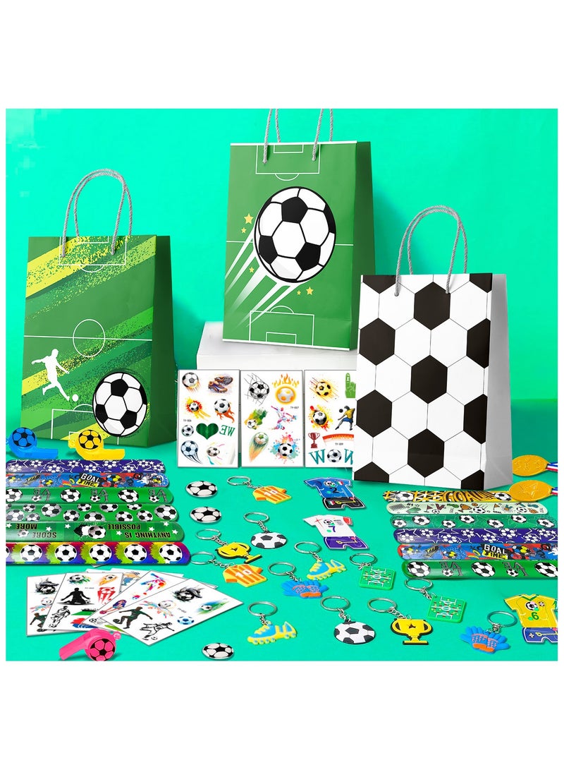 Soccer Favors,96pcs Soccer Party Favors for Kids Including Soccer Slap Bracelets Stickers Medals Keychains Bags Whistle Maza Toys etc Soccer Birthday Party Favors for Soccer Party Decorations Supplies