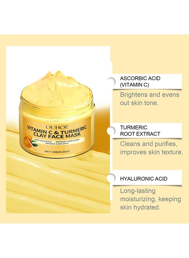 Vitamin C & Turmeric Clay Face Mask, Deep Cleansing Facial Mask, Clay Face Mask Skin Care with Kaolin Clay and Aloe for Pores, Acne, Dark Spots, Hydrating 4.23 Oz