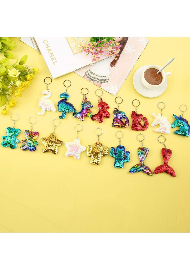 Sequin Keychain, Hanging Key Chain with Mermaid Tail Unicorn Pony Cat Star Flamingo Cub Cactus Shape keychains for Kids Girls Party favor 8 Styles, 40 Pieces