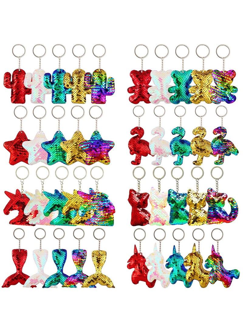 Sequin Keychain, Hanging Key Chain with Mermaid Tail Unicorn Pony Cat Star Flamingo Cub Cactus Shape keychains for Kids Girls Party favor 8 Styles, 40 Pieces