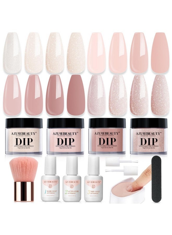 Dip Powder Nail Kit Starter All Season Nude Skin Glitter 4 Colors Dipping Powder Liquid Set Recycling Tray With Base & Top Coat Activator For French Nail Art Manicure Salon Diy At Home.