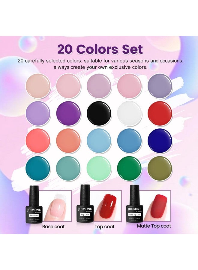 Gel Nail Set 20 Colors High Shine Gorgeous Gel Polish Base Top Matte Coat Nice Gifts Show Charm