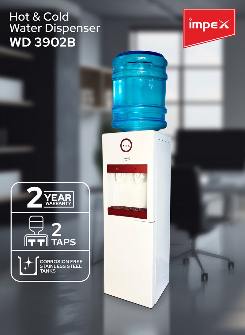 Hot & Cold Water Dispenser - Stainless Steel Tanks, Compression Cooling, Storage & Cup Cabinet, Indication Light, 3L Cooling Tank, 1L Boil Tank, Heating Power - Ideal for Home or Office Use WD 3902 B White