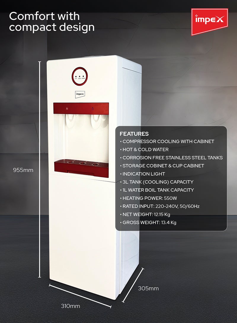 Hot & Cold Water Dispenser - Stainless Steel Tanks, Compression Cooling, Storage & Cup Cabinet, Indication Light, 3L Cooling Tank, 1L Boil Tank, Heating Power - Ideal for Home or Office Use WD 3902 B White