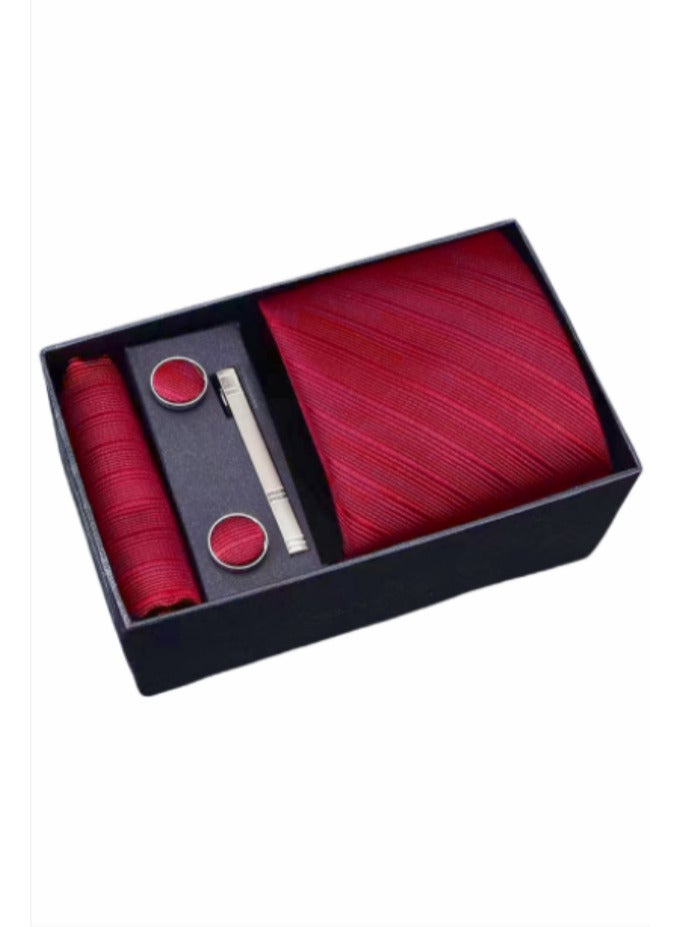 Fashionable Stripes Necktie Suit Gift Box Set（Tie, Pocket Square, Cufflinks, Tie Clip Set )-Red