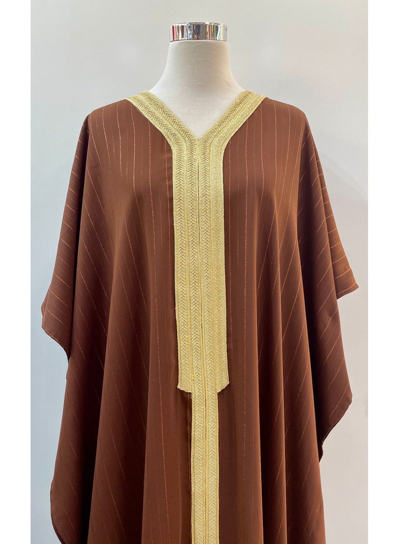 Linen Jellabiya with mix Cotton and Crepe Dark Brown Color