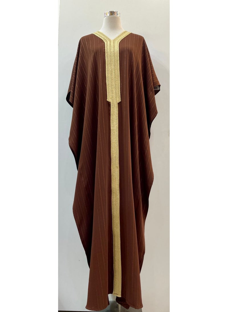 Linen Jellabiya with mix Cotton and Crepe Dark Brown Color