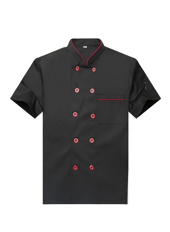 Summer Short Sleeve Chef Uniform Double-Breasted Stand Collar Waiter T-shirt Black