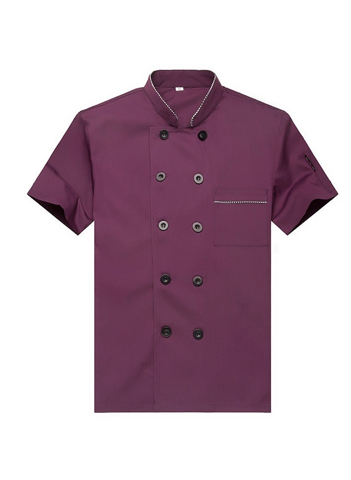 Summer Short Sleeve Chef Uniform Double-Breasted Stand Collar Waiter T-shirt Purple