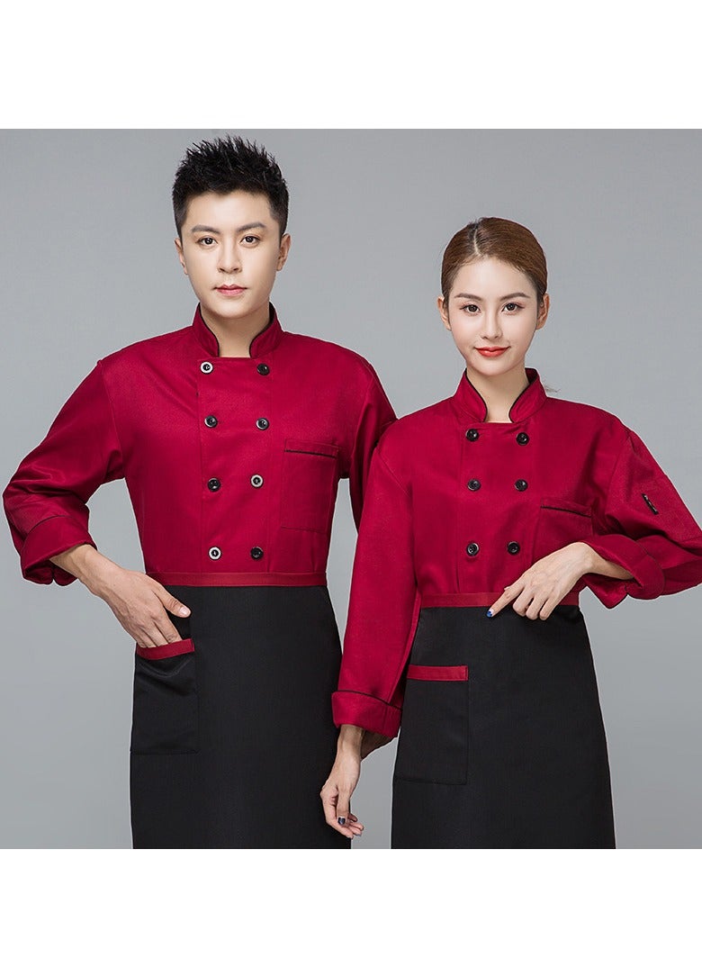 Chef Uniform Apron Suit Long Sleeves with a Hat Suitable For Hotel Western Restaurant Red